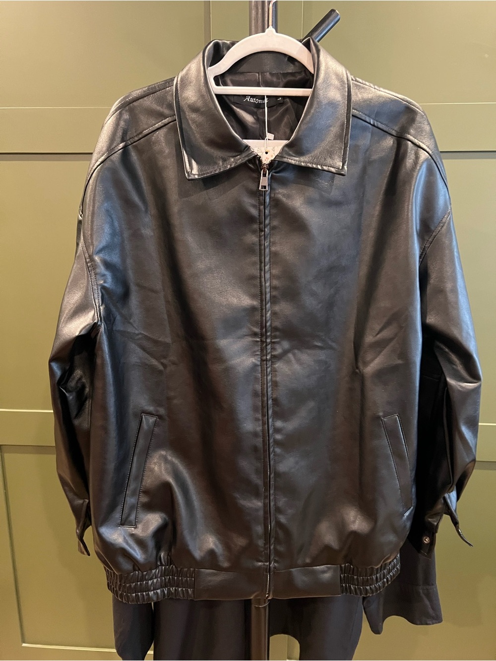 Black Faux Leather Zip-Front Bomber Jacket